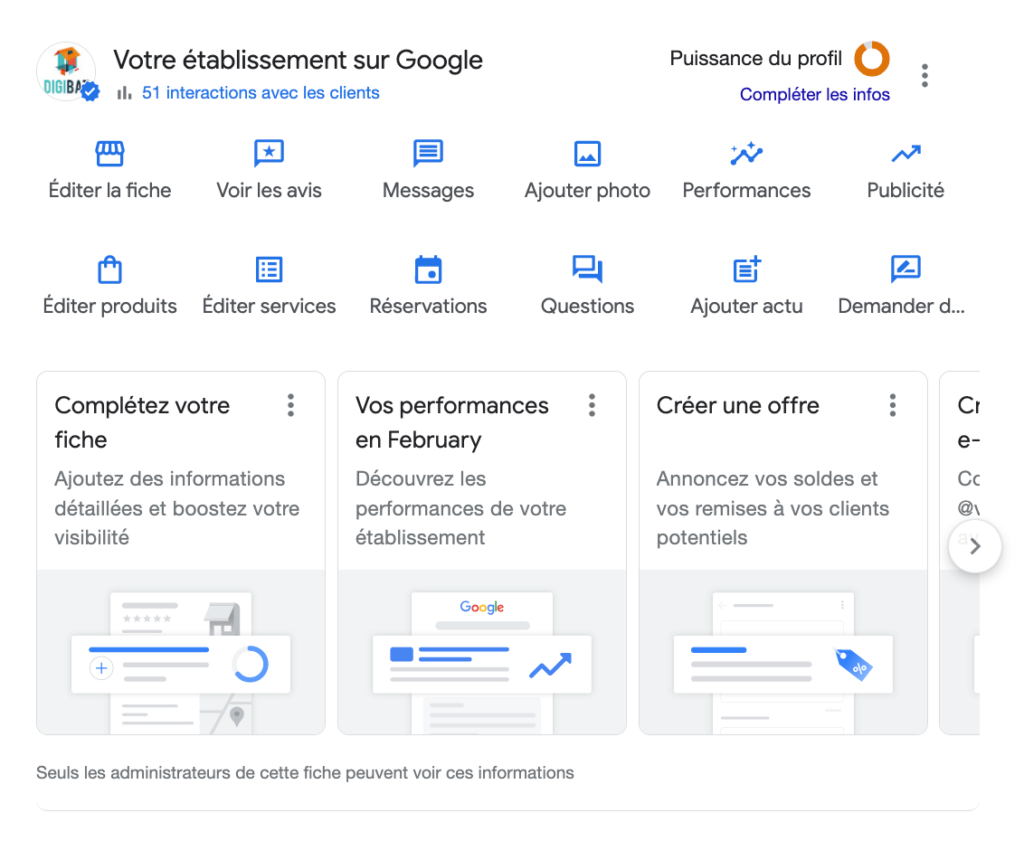 Tableau de bord pour votre fiche d'établissement